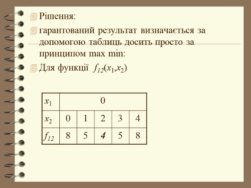 Рішення: гарантований результат визначається за допомогою таблиць досить просто за принципом max min: Для